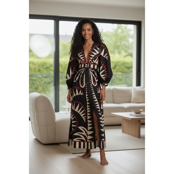farm rio black coconut grove puff sleeve maxi dress FARM RIO COCONUT GROVE MAXI DRESS WITH PUFF SLEEVES MEDIUM NWT BLACK COMBO